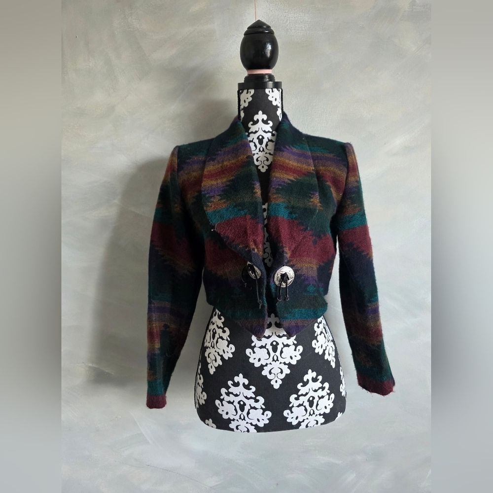 VINTAGE Crop Aztec Southwest Print Jacket Women's S Blanket Multicolor 80s Retro